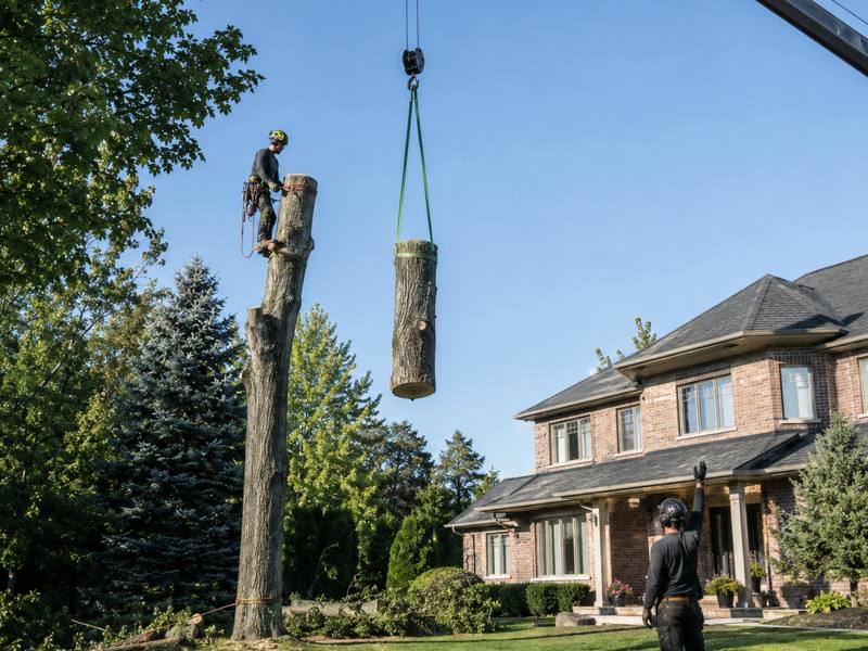A climber above a trunk section lifted clear on a crane sling