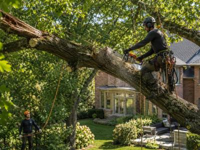 Long heavy limb reaching over a house, held on a rigging line while it is cut