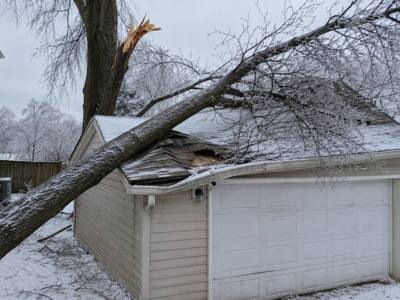 Broken limb resting across a garage roof after an ice storm
