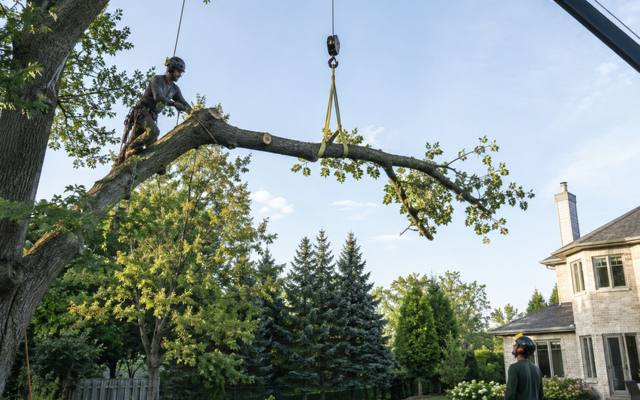 Large limb lowered on a rigging line during a canopy reduction