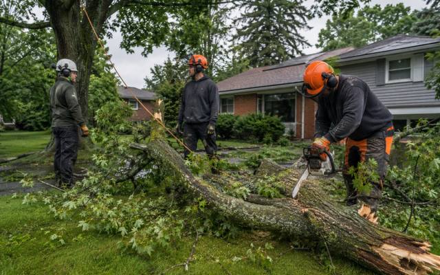Three-person crew cutting up a large storm-downed limb in a front yard