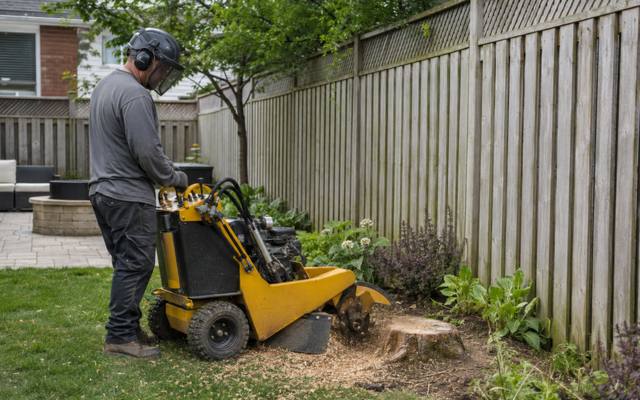 Stump grinder working close to a fence line, chips coming off the wheel
